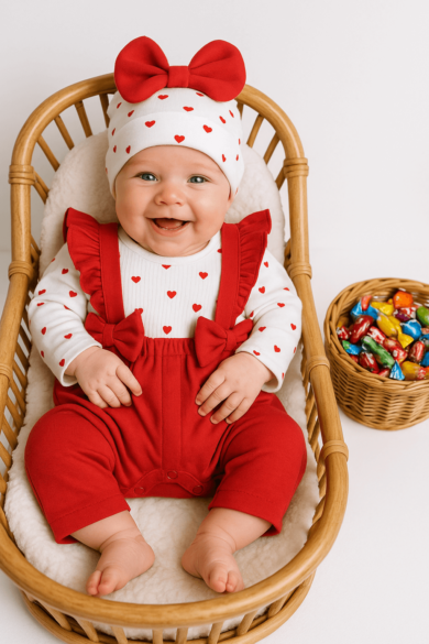 Kalpli kız bebek 2’li tulum seti, kırmızı salopet ve kalp desenli üst, bayramlık yenidoğan kıyafeti