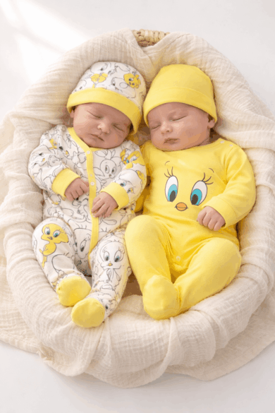 Sarı ve desenli 4 parça yenidoğan bebek takımı, şapkalı ve uzun kollu tulum seti, ikiz bebek kombin