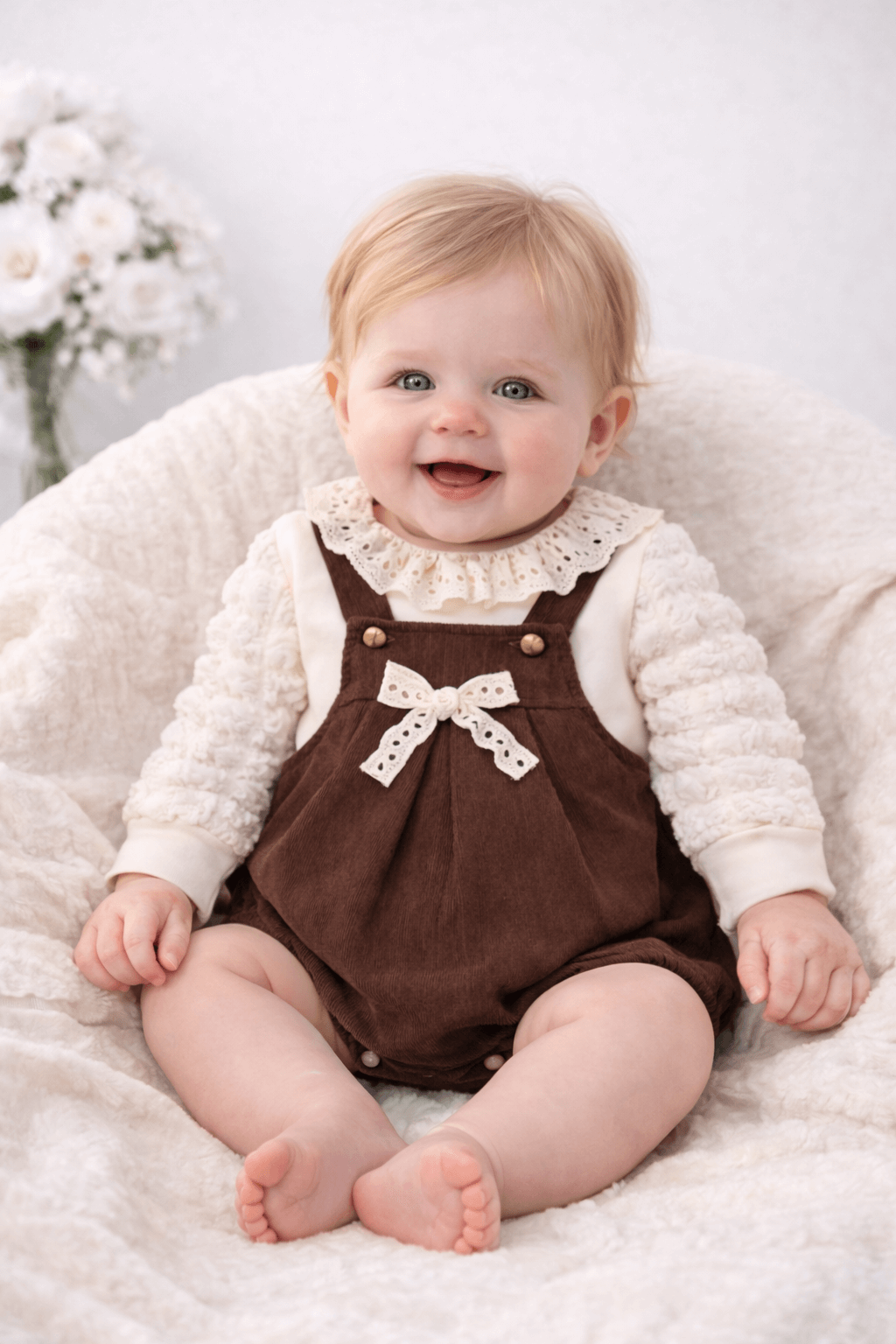 Kahverengi fiyonk detaylı, dantel yakalı bayramlık kız bebek romper giyen sarışın bebek beyaz koltukta oturuyor