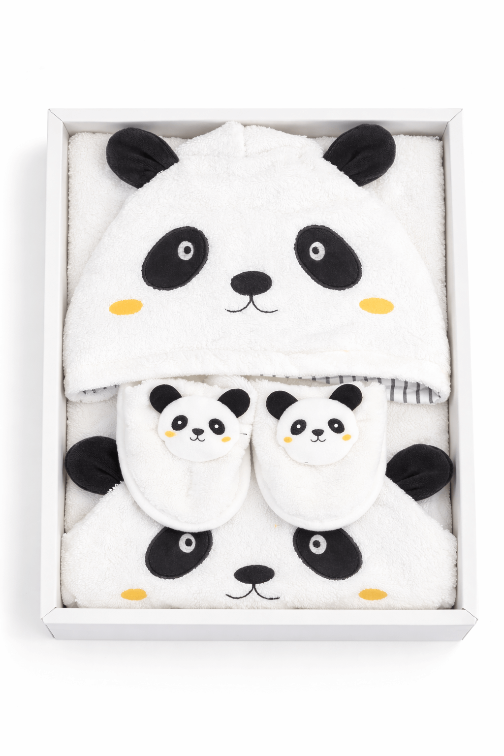 0–24 ay bebekler için panda desenli kapüşonlu bornoz, pandalı terlik ve havludan oluşan beyaz bebek bornoz seti