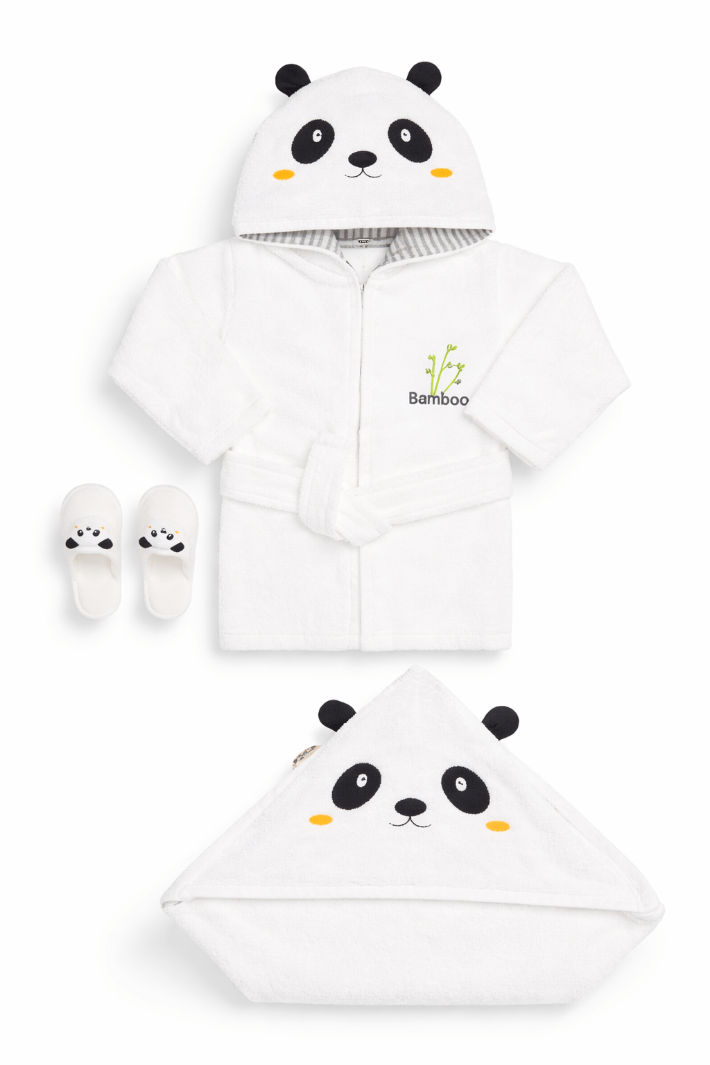 0–24 ay bebekler için panda desenli kapüşonlu bornoz, pandalı terlik ve havludan oluşan beyaz bebek bornoz seti