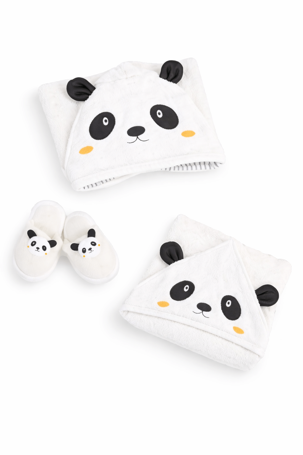 0–24 ay bebekler için panda desenli kapüşonlu bornoz, pandalı terlik ve havludan oluşan beyaz bebek bornoz seti