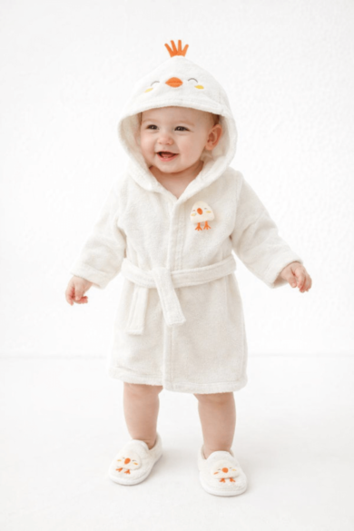 Bebekler için civciv detaylı kapüşonlu bornoz seti, havlu ve patik terlik ile beyaz zemin üzerinde