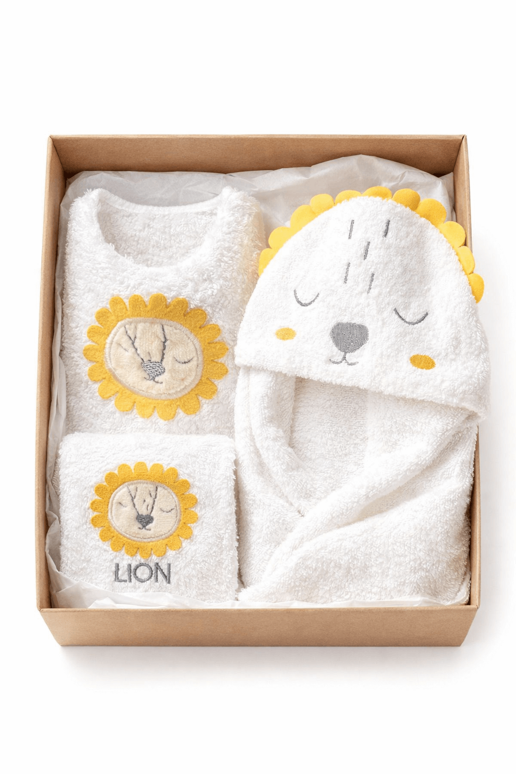 Kapüşonlu aslan desenli bebek bornoz seti, beyaz havlu kumaş, havlu ve patik dahil 3 parça banyo seti.