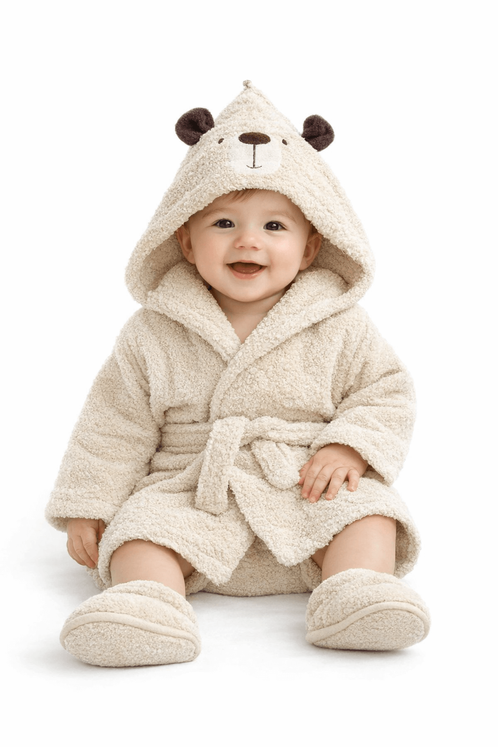 Ayıcık kapüşonlu, krem renkli bebek bornoz takımı; bornoz, panço havlu ve terlikten oluşan 3’lü set, beyaz fonda düz zemin üzerinde.
