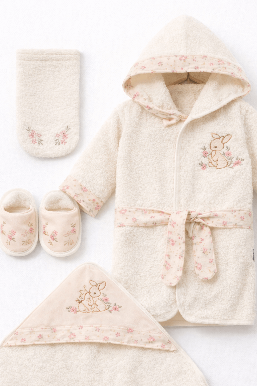 Krem renkli tavşan nakışlı bebek bornoz seti; kapüşonlu bornoz, kundak havlu, patik ve keseli 5 parça set, çiçek desen detaylı