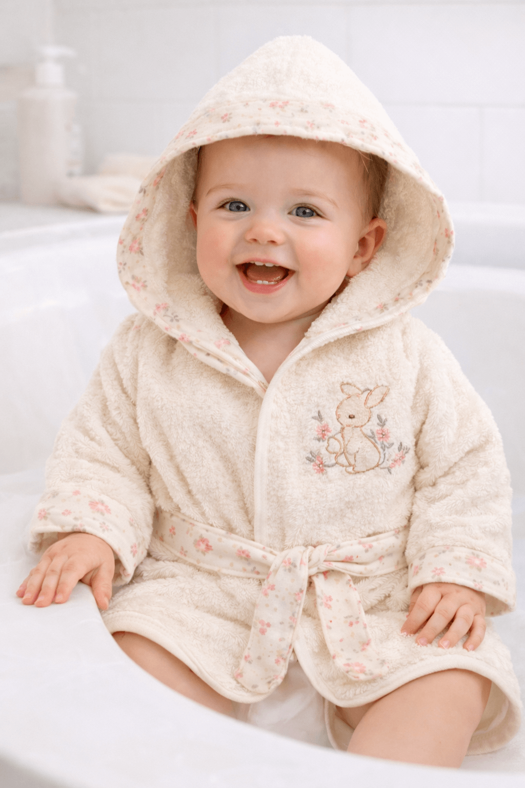 Krem renkli tavşan nakışlı bebek bornoz seti; kapüşonlu bornoz, kundak havlu, patik ve keseli 5 parça set, çiçek desen detaylı