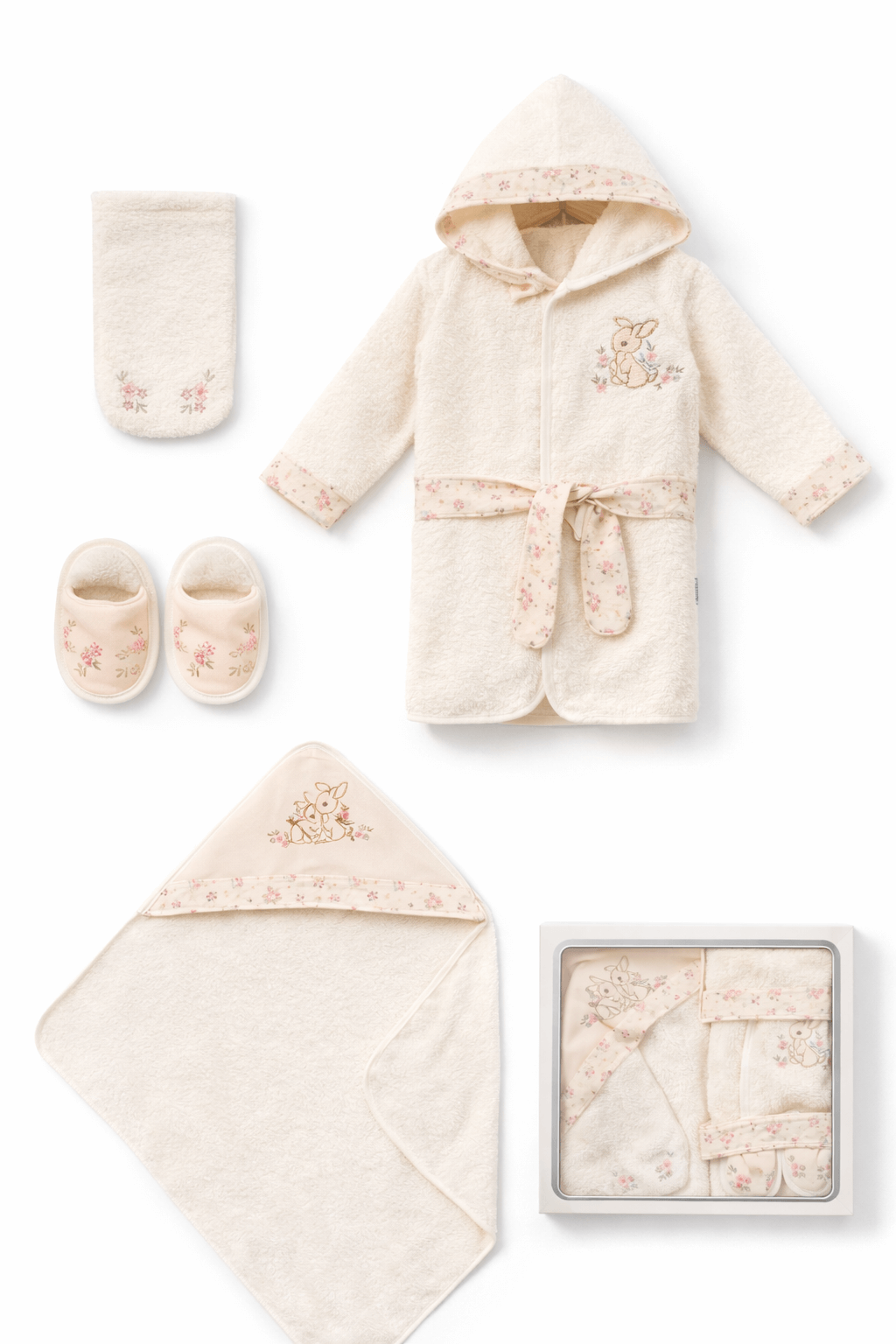 Krem renkli tavşan nakışlı bebek bornoz seti; kapüşonlu bornoz, kundak havlu, patik ve keseli 5 parça set, çiçek desen detaylı