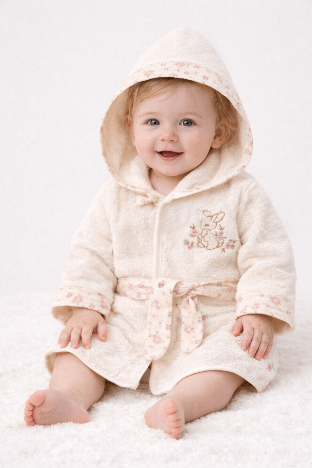 Krem renkli tavşan nakışlı bebek bornoz seti; kapüşonlu bornoz, kundak havlu, patik ve keseli 5 parça set, çiçek desen detaylı