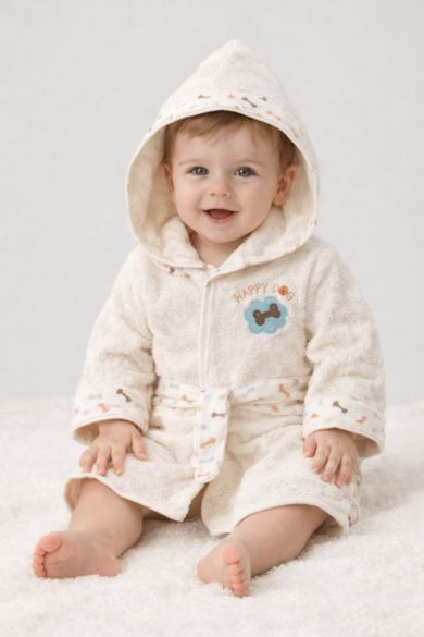 Krem renkli, köpek figürlü 4’lü bebek bornoz seti; bornoz, havlu, patik ve el bezinden oluşan yumuşak pamuklu banyo seti.