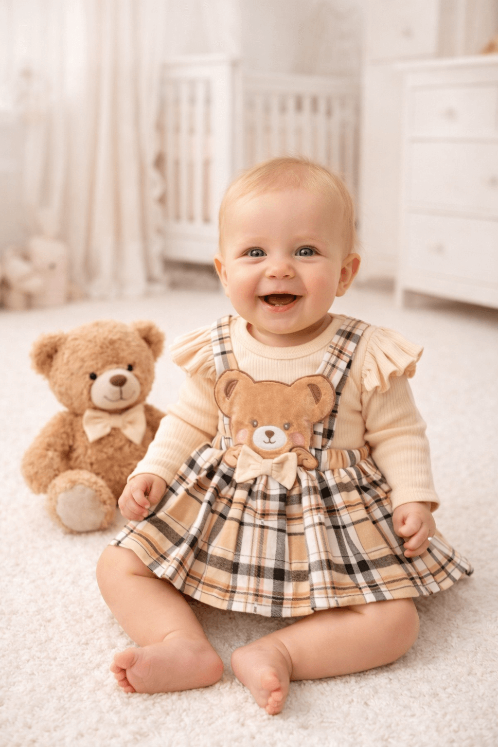 Ayıcık detaylı ekose salopet elbise ve krem uzun kollu body 2’li kız bebek takımı