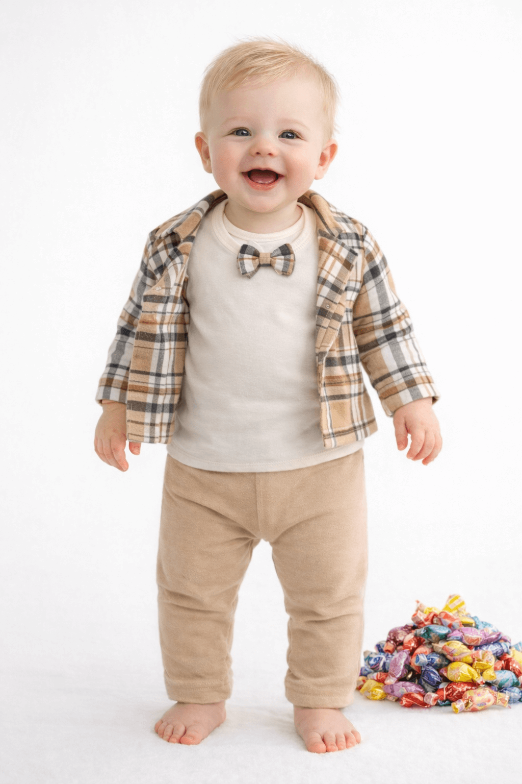 Ekose ceketli papyonlu 3’lü erkek bebek takımı bej renk, beyaz fon üzerinde oturan bebek