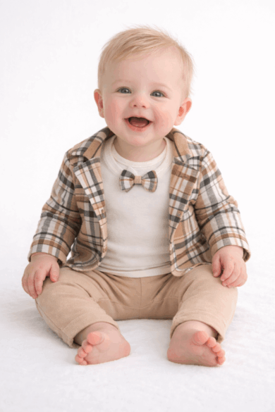 Ekose ceketli papyonlu 3’lü erkek bebek takımı bej renk, beyaz fon üzerinde oturan bebek