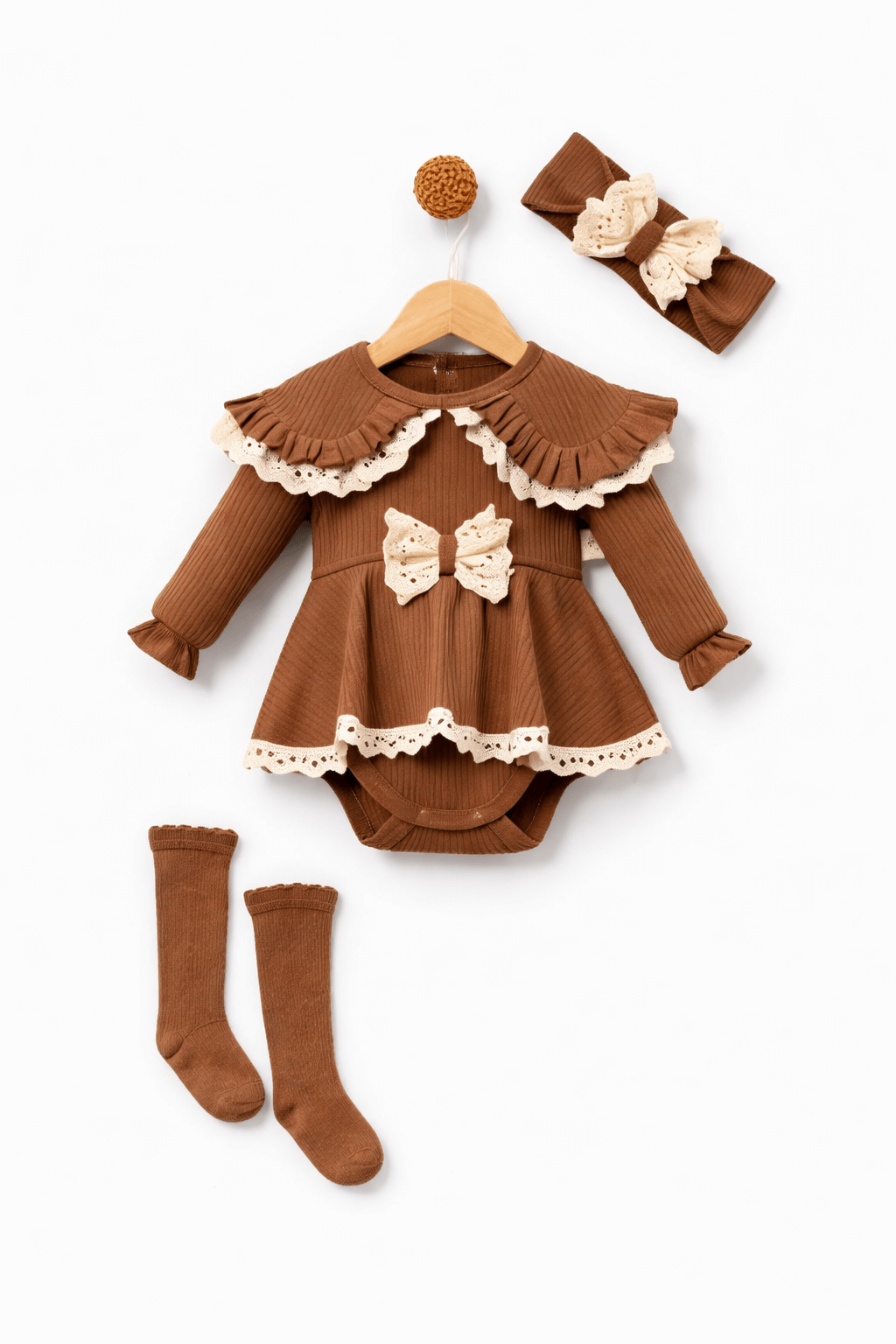 Kahverengi krem detaylı kız bebek elbise takım, fiyonklu fitilli kumaş 3 parça set