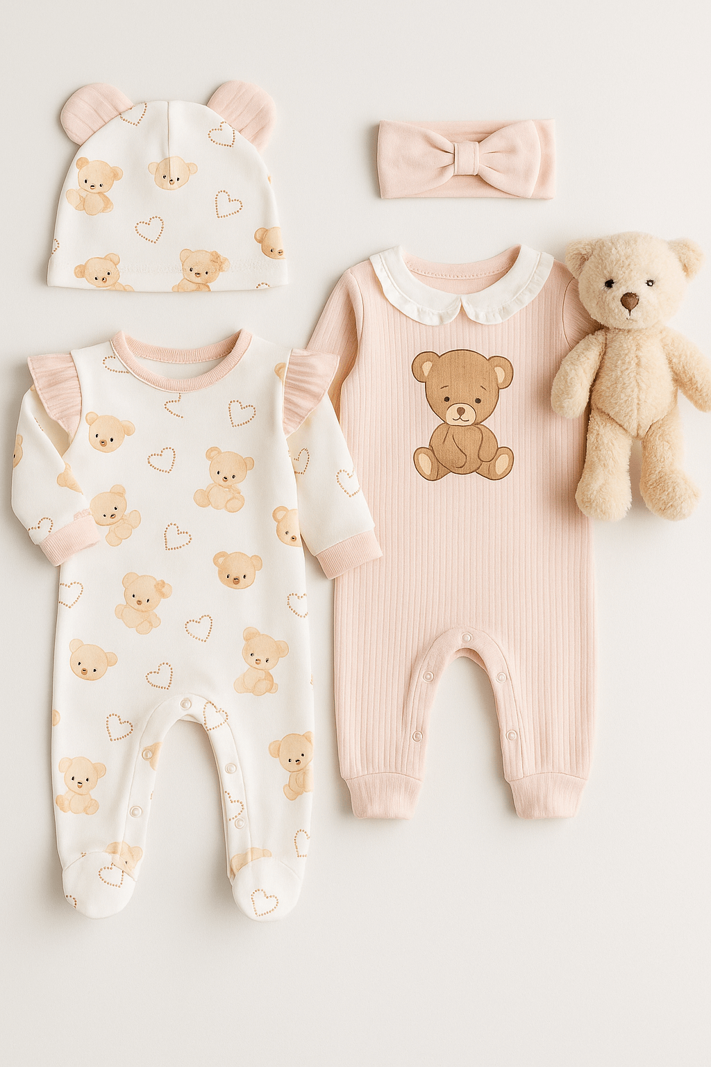 Ayıcıklı desenli pudra ve ekru renkli 4 parça bebek seti, 2 tulum ve 2 şapka