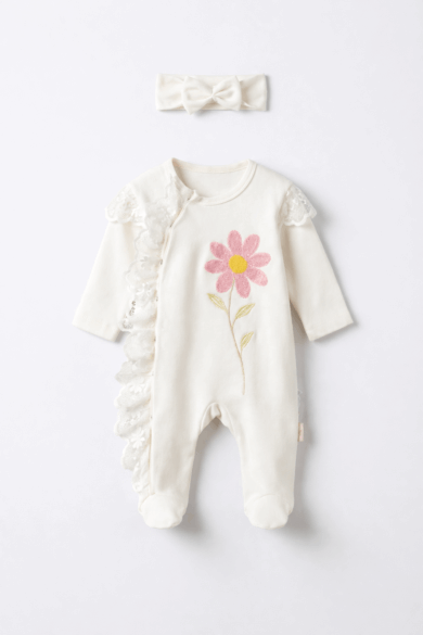 Kız Bebek Çiçek Nakışlı Dantelli Tulum ve Saç Bandı 2’li Set