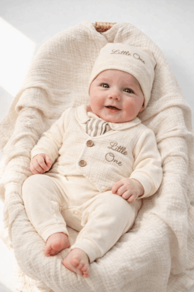 Bej renkli yenidoğan erkek bebek tulum ve şapka seti, yelek görünümlü papyon detaylı 2’li takım beyaz fonda
