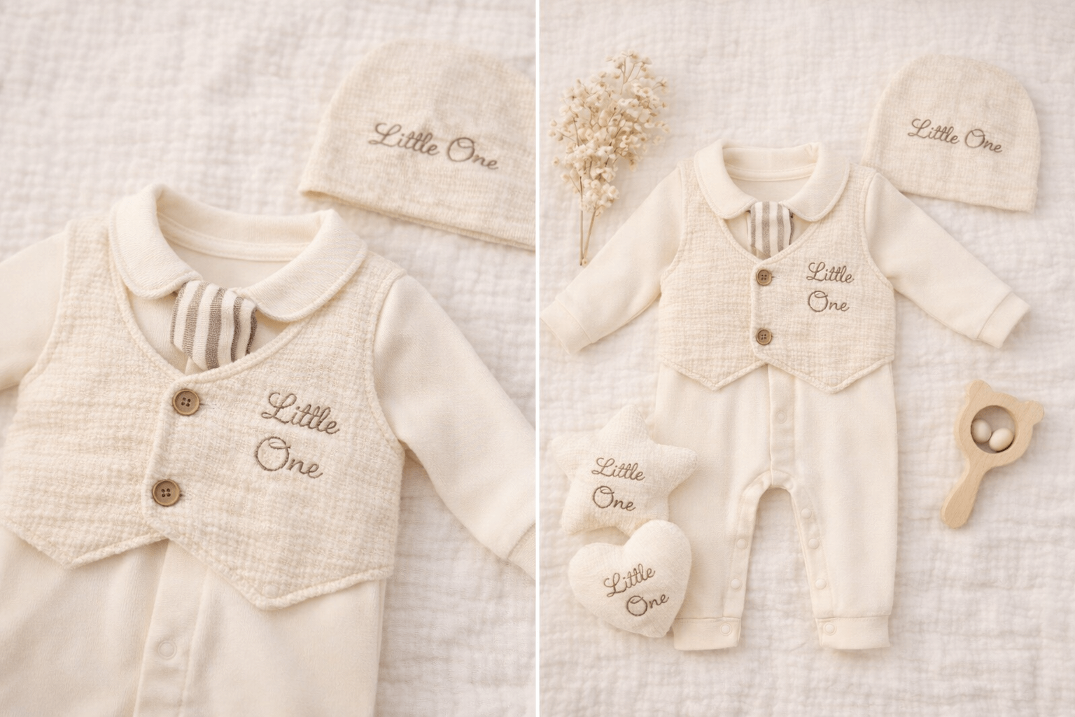 Bej renkli yenidoğan erkek bebek tulum ve şapka seti, yelek görünümlü papyon detaylı 2’li takım beyaz fonda