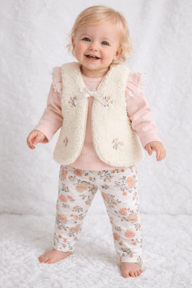 Kız bebek 3’lü takım peluş yelek pembe ribanalı üst ve çiçek desenli alt pantolon