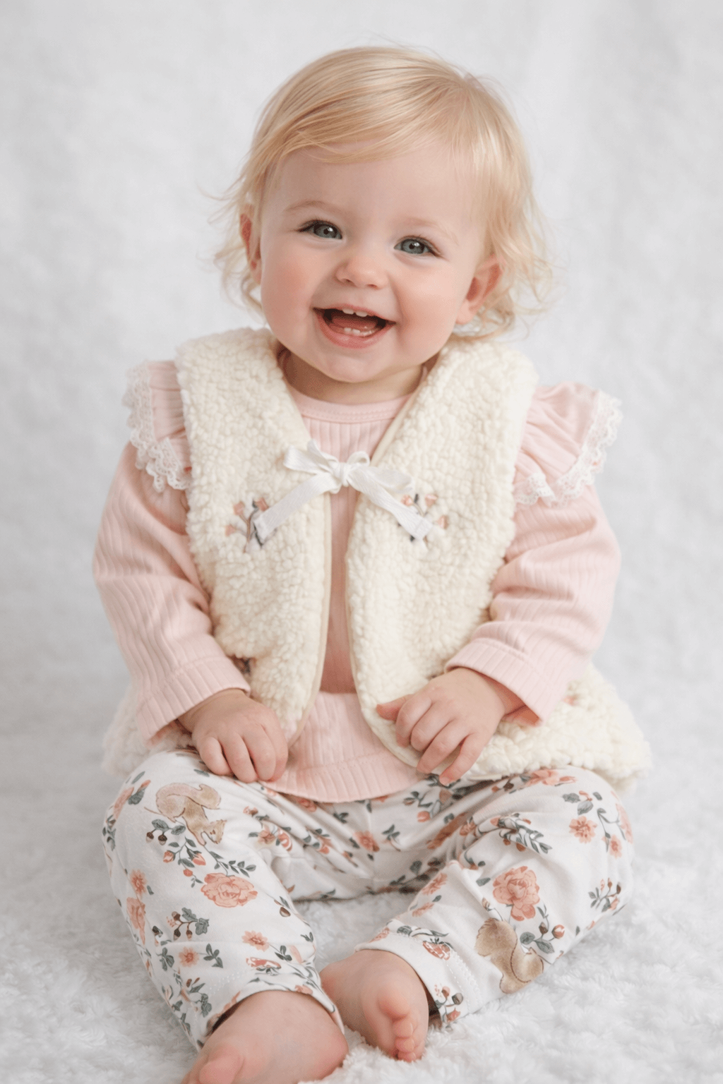 Kız bebek 3’lü takım peluş yelek pembe ribanalı üst ve çiçek desenli alt pantolon