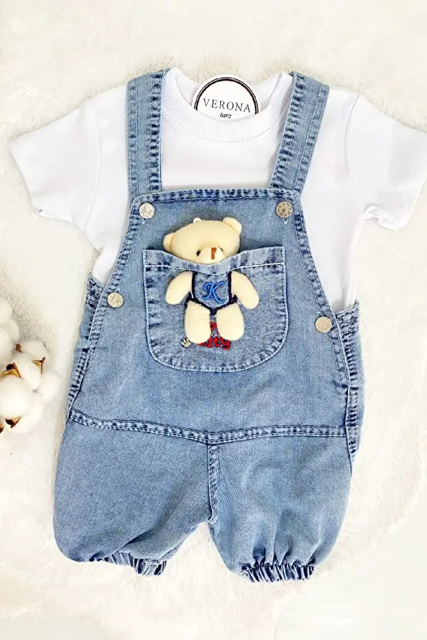 Kız Erkek Bebek Jean Kot Salopet Tulum 2li Set Takım - Görsel 4