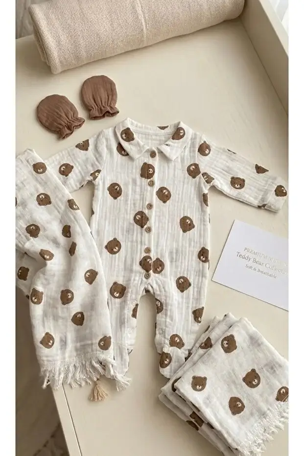 Erkek Bebek Ayıcıklı Müslin 10lu Hastane Çıkışı - Görsel 3