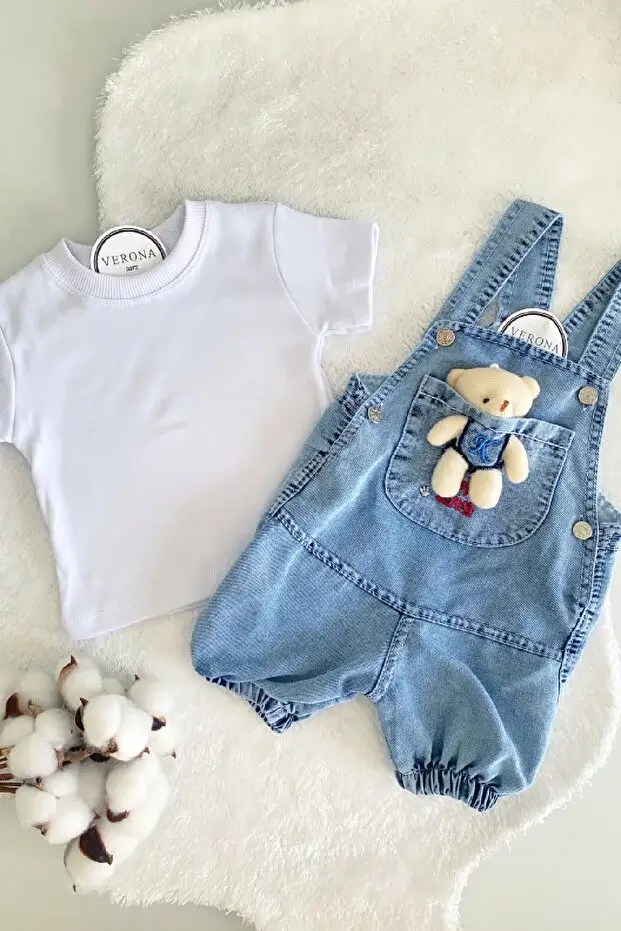 Kız Erkek Bebek Jean Kot Salopet Tulum 2li Set Takım - Görsel 5