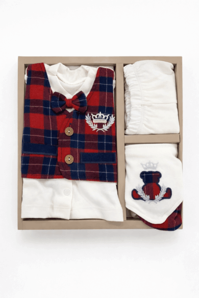 Kırmızı ekose yelekli erkek bebek 5li hastane çıkışı seti yenidoğan pamuklu