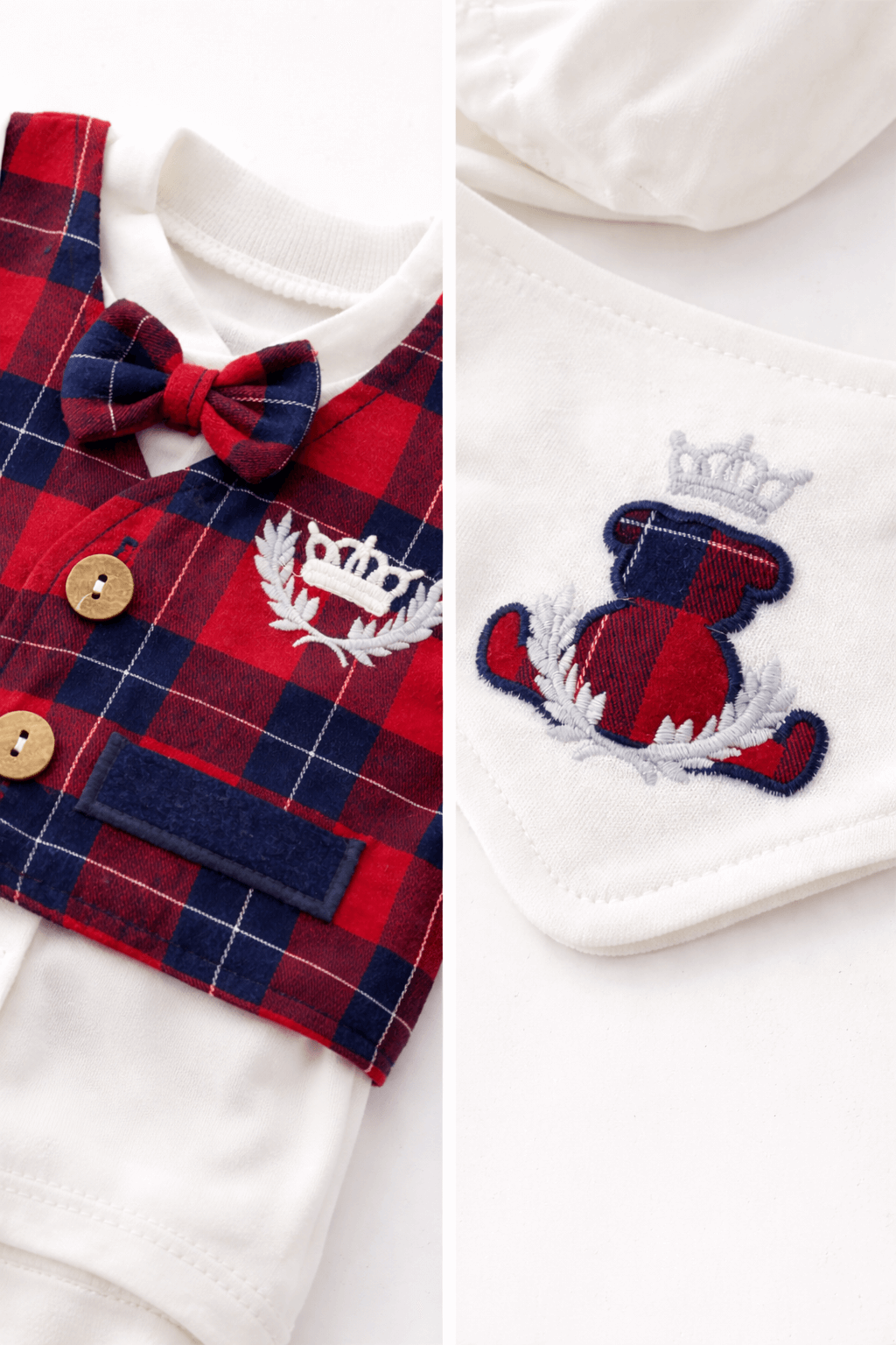 Kırmızı ekose yelekli erkek bebek 5li hastane çıkışı seti yenidoğan pamuklu