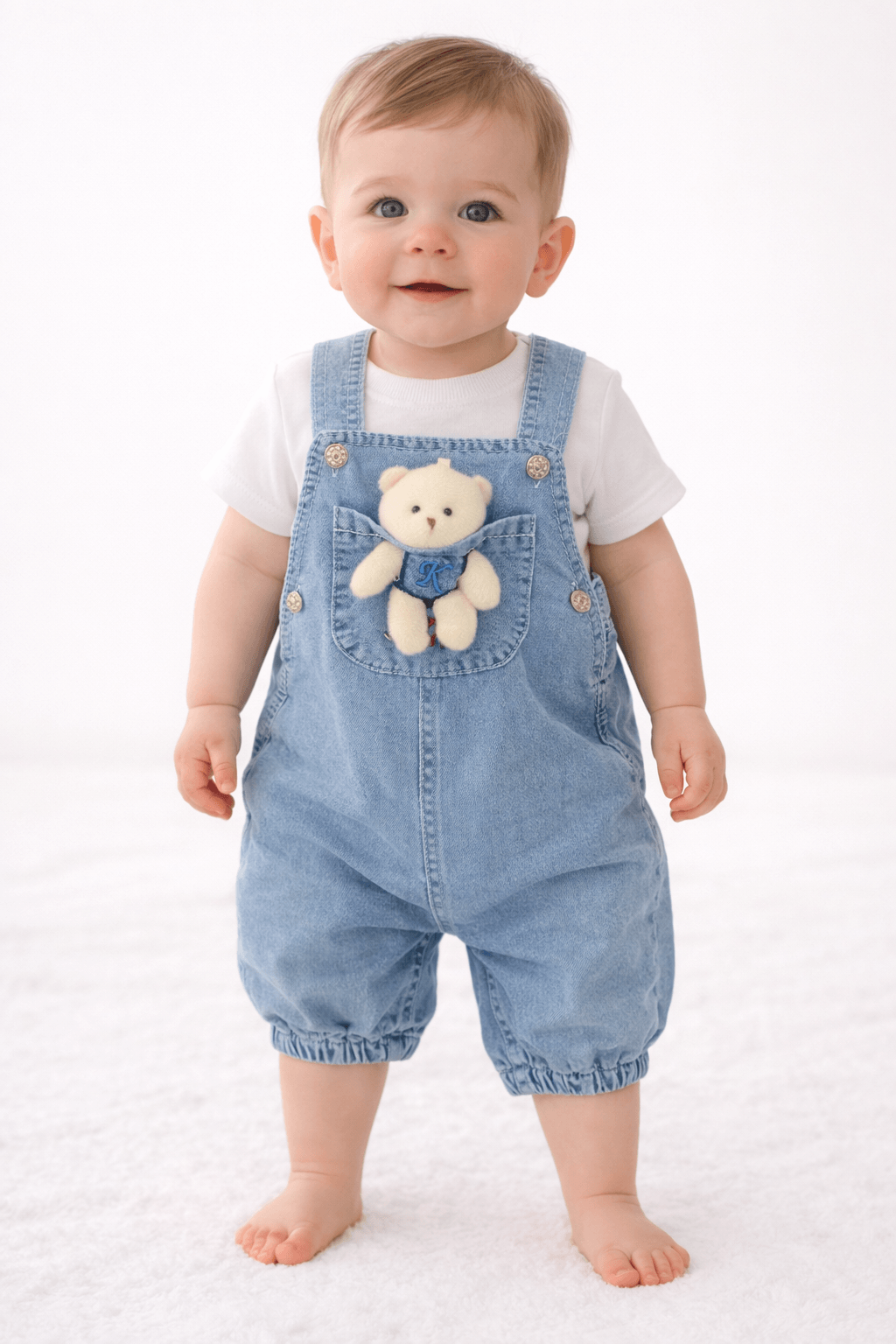 Kız Erkek Bebek Jean Kot Salopet Tulum 2li Set Takım - Görsel 6