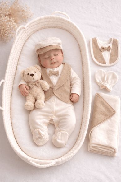 Bej yelekli 5’li erkek bebek hastane çıkışı seti 0-3 ay pamuklu tulum şapka eldiven önlük battaniye