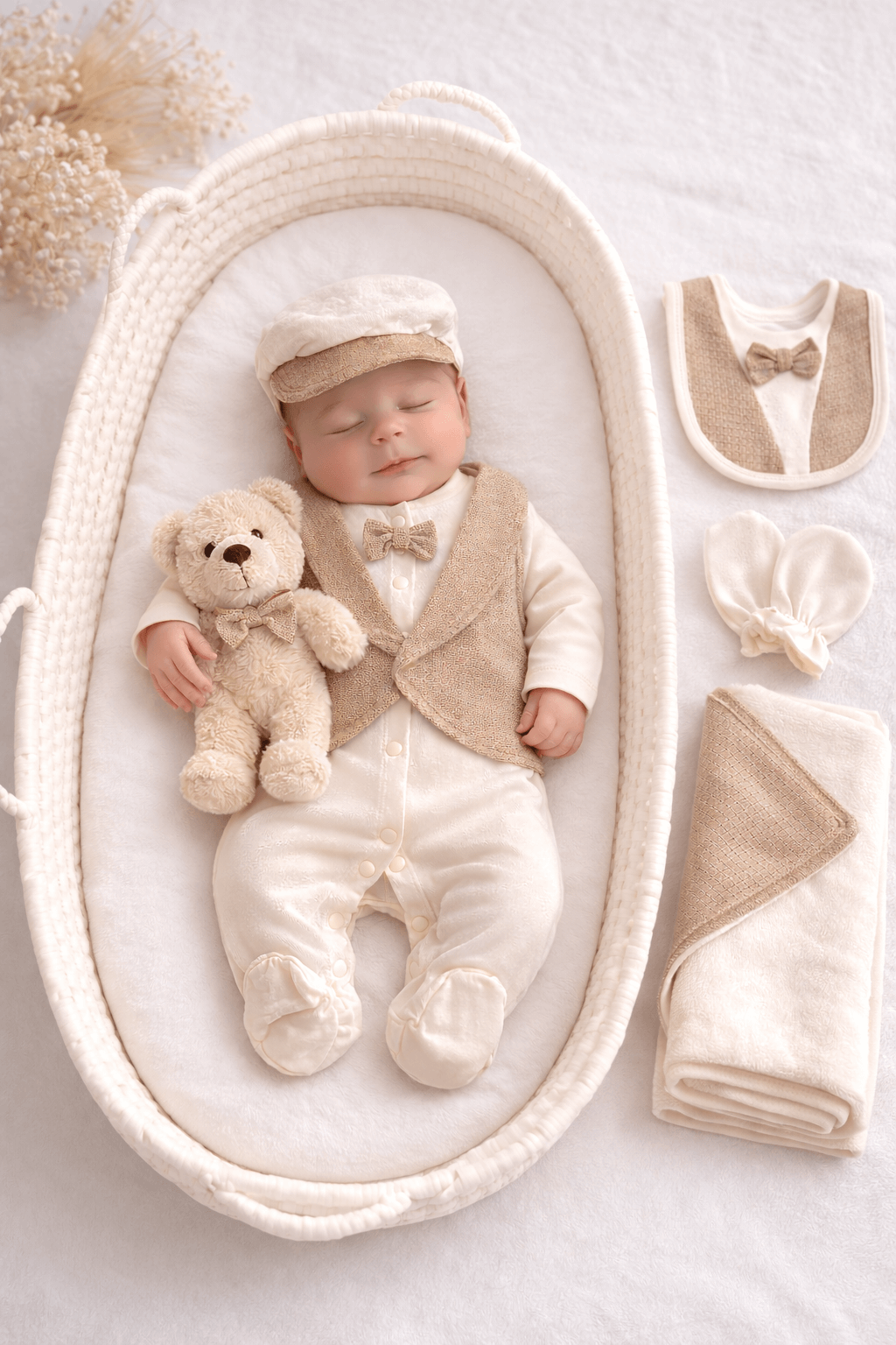 Bej yelekli 5’li erkek bebek hastane çıkışı seti 0-3 ay pamuklu tulum şapka eldiven önlük battaniye