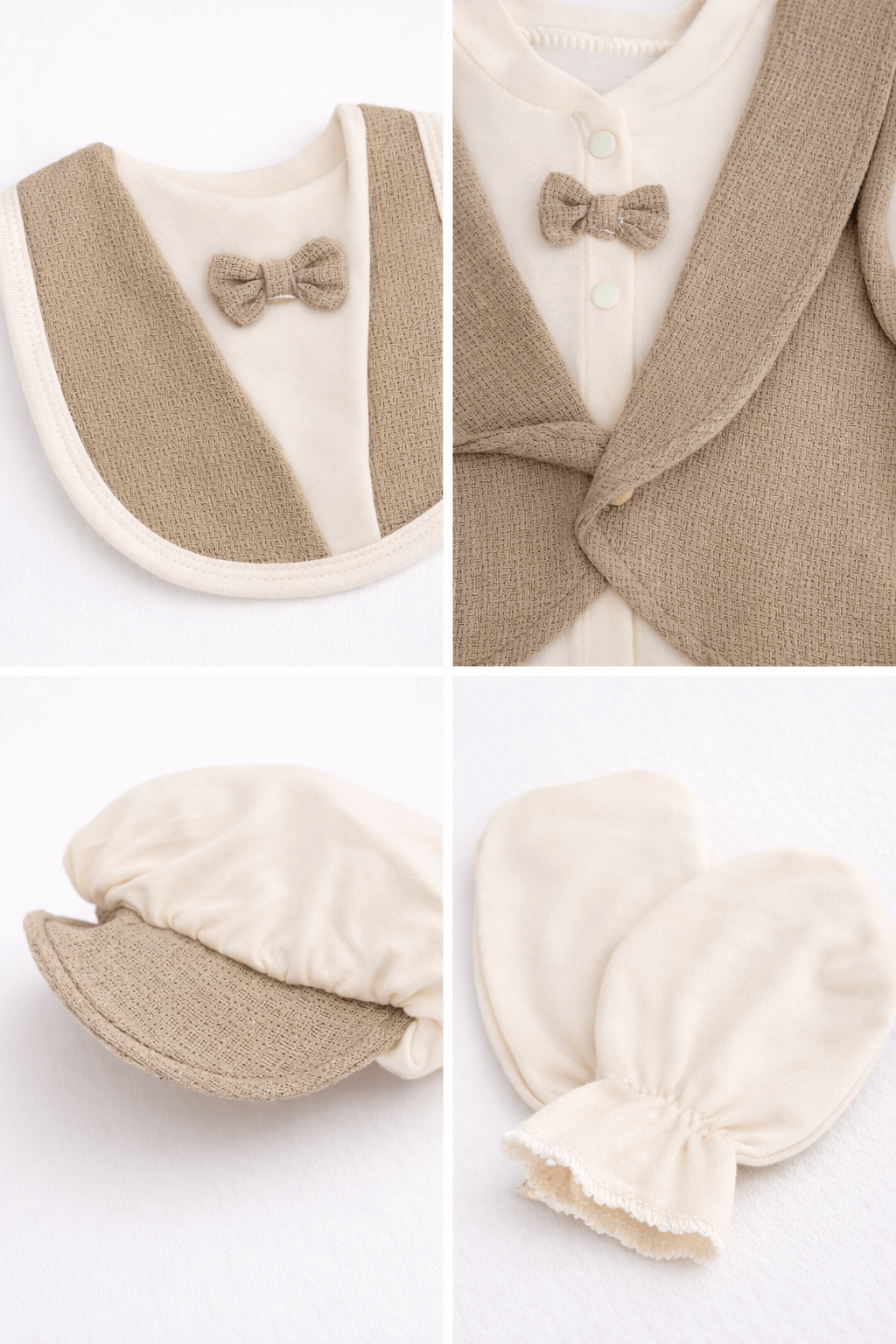 Bej yelekli 5’li erkek bebek hastane çıkışı seti 0-3 ay pamuklu tulum şapka eldiven önlük battaniye
