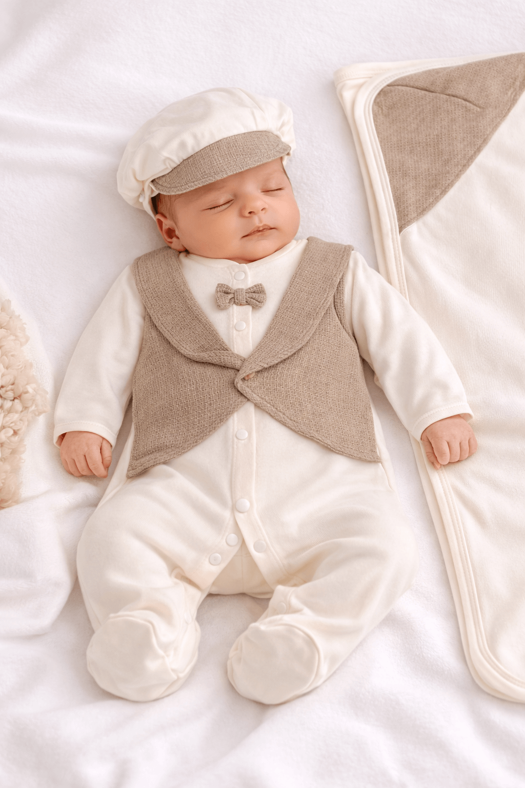 Bej yelekli 5’li erkek bebek hastane çıkışı seti 0-3 ay pamuklu tulum şapka eldiven önlük battaniye