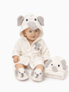 Fil figürlü kapüşonlu bebek bornoz seti havlu, eldiven ve patik ile krem renk