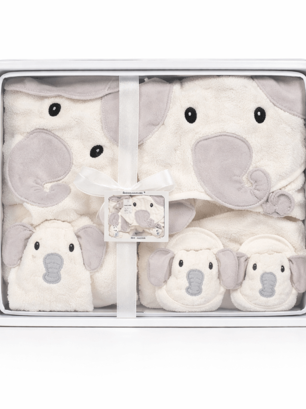 Kapüşonlu fil tasarımlı bebek bornoz seti havlu, eldiven ve patik detayları