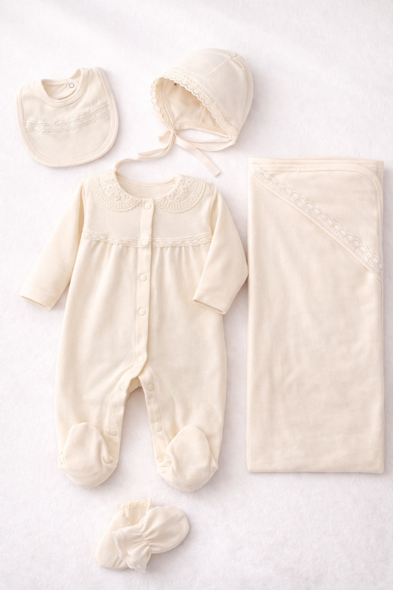 Krem dantelli yenidoğan kız bebek hastane çıkış seti tulum şapka önlük eldiven ve battaniye