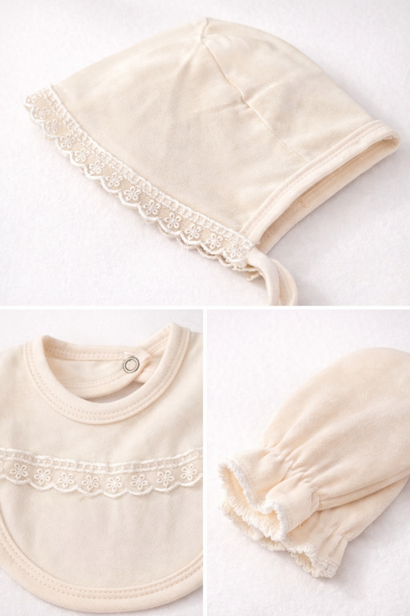Krem dantelli yenidoğan kız bebek hastane çıkış seti tulum şapka önlük eldiven ve battaniye