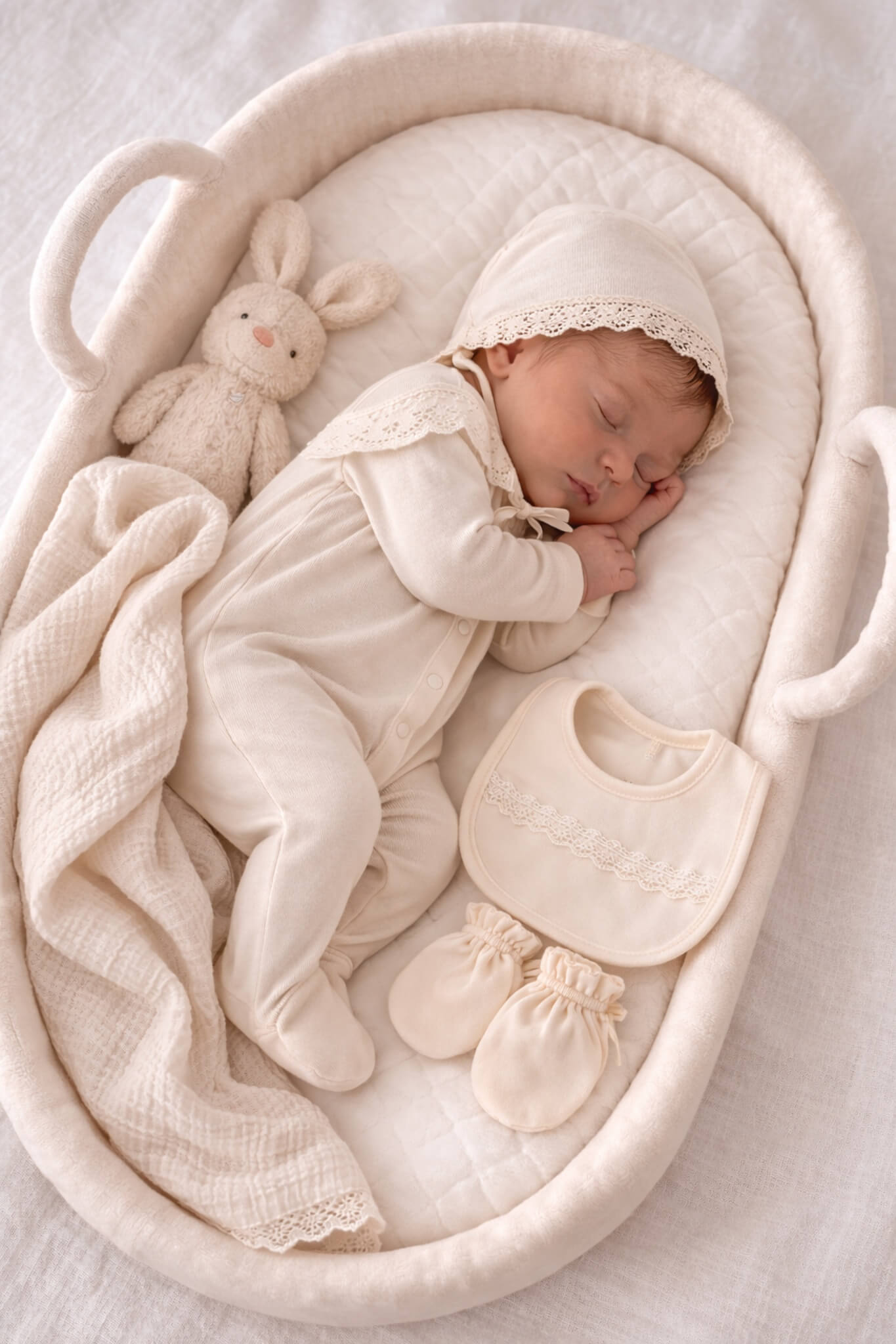 Krem dantelli yenidoğan kız bebek hastane çıkış seti tulum şapka önlük eldiven ve battaniye