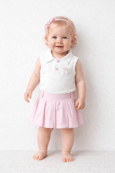 Pembe pileli etek ve beyaz yakalı üstten oluşan kız bebek takım, pembe saç bandı ile askıda sade arka plan üzerinde