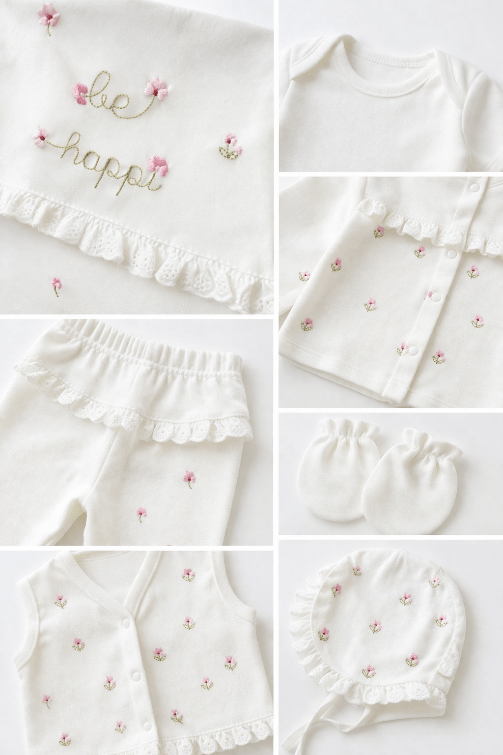 Beyaz zemin üzerinde çiçek işlemeli kız bebek 10’lu hastane çıkışı seti; body, üst, pantolon, yelek, önlük, battaniye, eldiven ve şapkadan oluşan pamuk bebek takımı