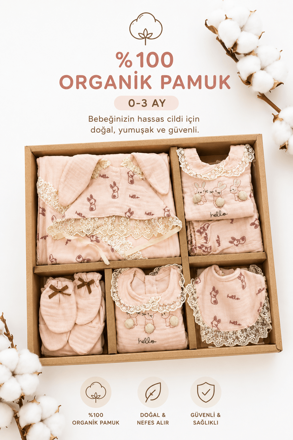 Organik pamuklu yenidoğan bebek hastane çıkışı seti, premium hediye kutulu